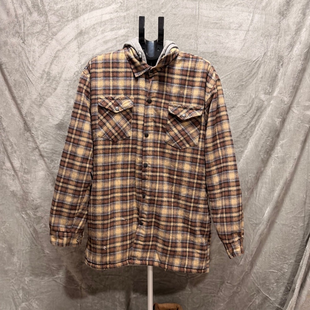 Flint Mens Plaid Flannel Shirt Jacket Hooded‎ Lined Outerwear Button Up Size L
